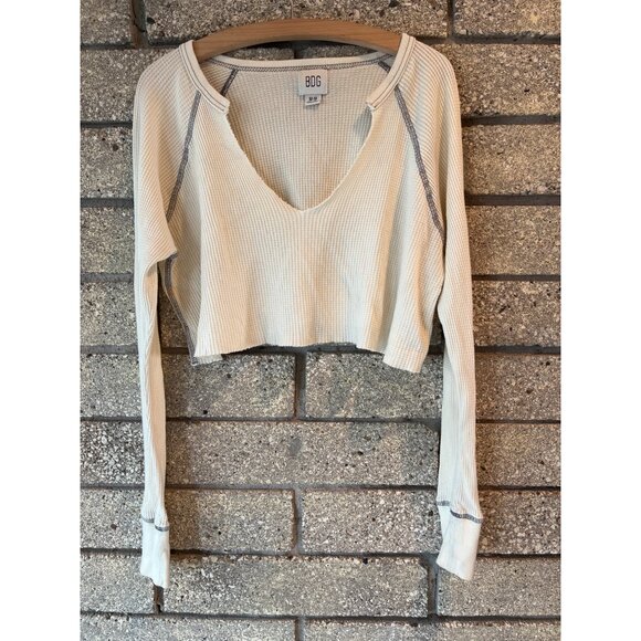 BDG White Textured Long Sleeve Waffle Knit Cropped Top With Raw Hem & Contrast S - Picture 1 of 9